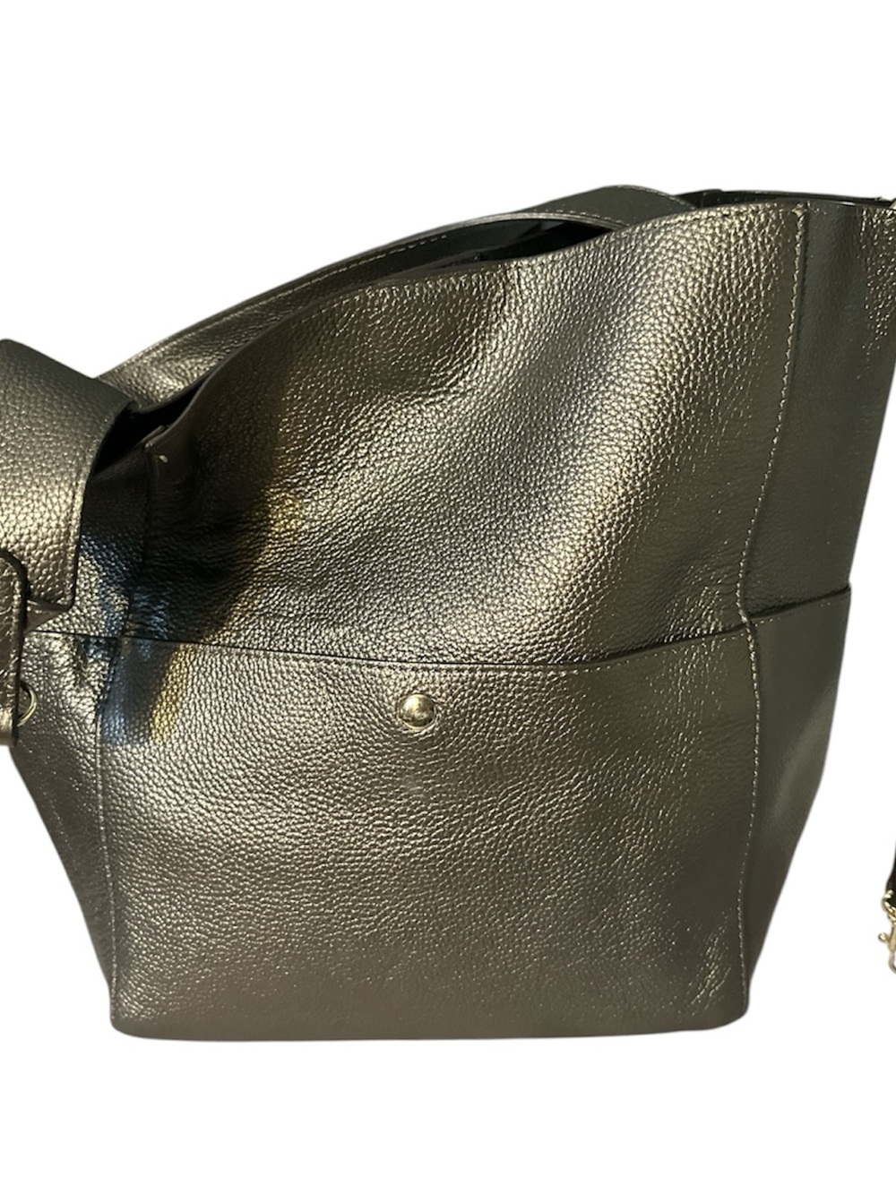 NWOT Amazon Metallic Charcoal Pebbled Leather Shoulder Bag gold accents rem stra